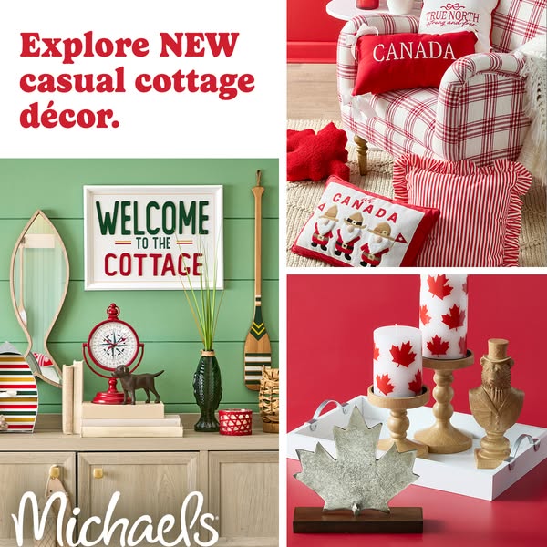 This image ad showcases a curated collection of Canada-themed home decor items from Michaels, promoting a casual cottage