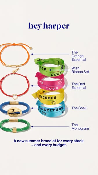 This image ad showcases a variety of bracelets by Hey Harper. The bracelets include string, ribbon, and shell styles. Th