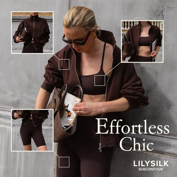 Image ad for LILYSILK featuring a model wearing a matching athletic set and holding a bag with the brand name “Effortles