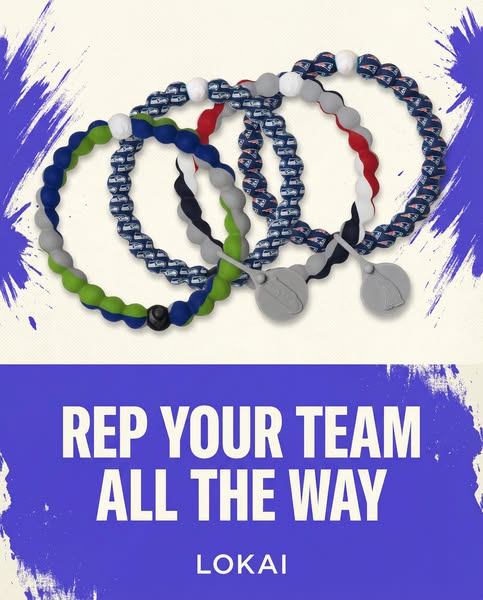 This image ad for Lokai promotes bracelets with beads in team colors. The bracelets are displayed above a text block tha