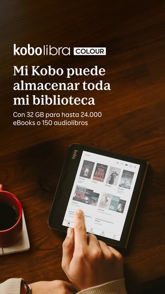 This image ad for Kobo promotes the Kobo Libra Colour, an e-reader that holds your entire library with 32 GB of storage 