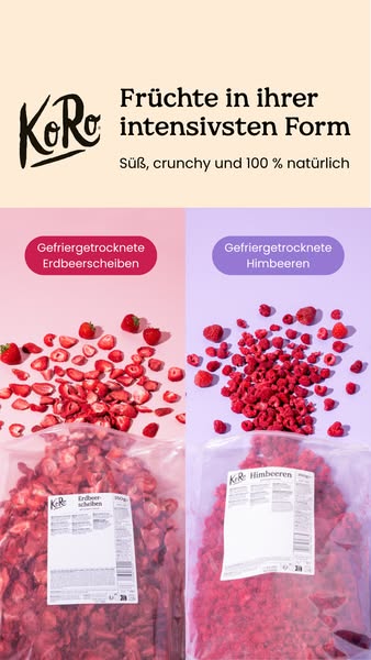This ad compares KoRo's freeze-dried strawberry slices and raspberries and advertises their intense flavor, crunchin