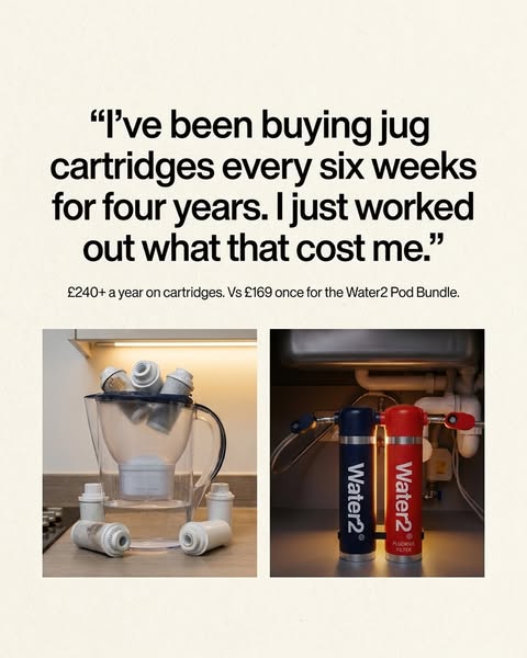 A split-screen image highlighting a customer quote and cost comparison of Water2 Pods with traditional water jug cartrid