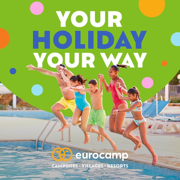 This image ad showcases Eurocamp as the ideal provider for family-oriented holidays. It features a family joyfully jumpi
