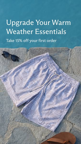 A lifestyle image displays a pair of patterned swim trunks with sunglasses and sandals, implying that the brand offers a
