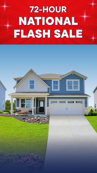 This ad showcases a 72-hour national flash sale, featuring a new house against a backdrop of a blue sky and green grass.