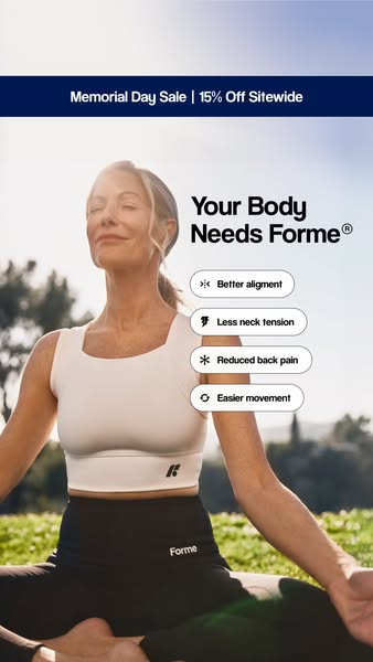 This ad for Forme promotes a Memorial Day sale with 15% off sitewide. It features a woman wearing Forme activewear while