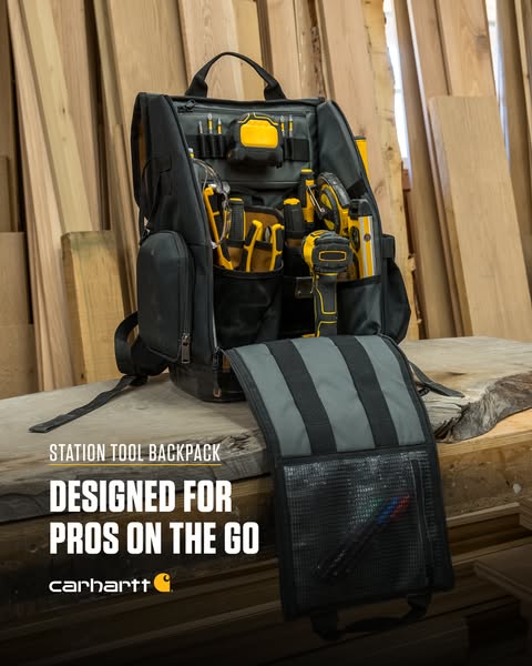 This ad focuses on the Carhartt Station Tool Backpack, emphasizing its design for professionals on the go. It highlights