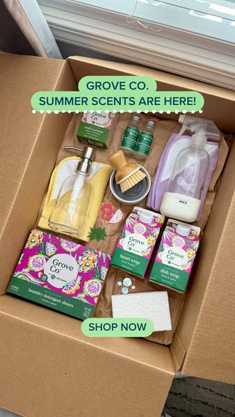 This image ad showcases Grove Co. cleaning products in a cardboard box, highlighting their new summer scents and encoura