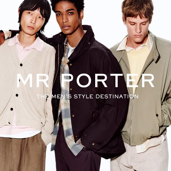 This image ad promotes MR PORTER as a premium men's style destination. The ad features three men wearing different s