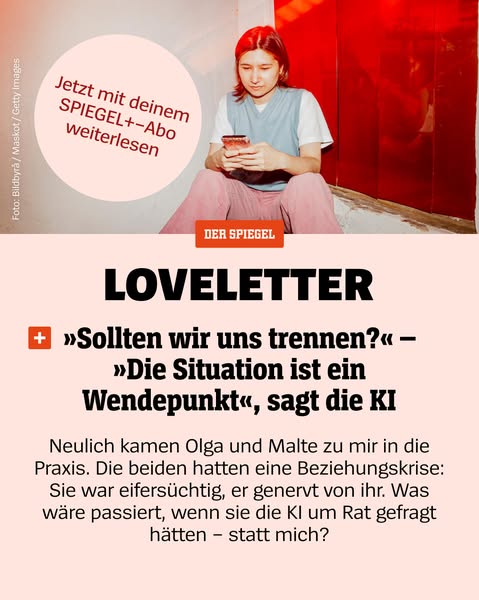 An ad for Der Spiegel features an image of a person on their phone above a conversation about seeking AI's advice on