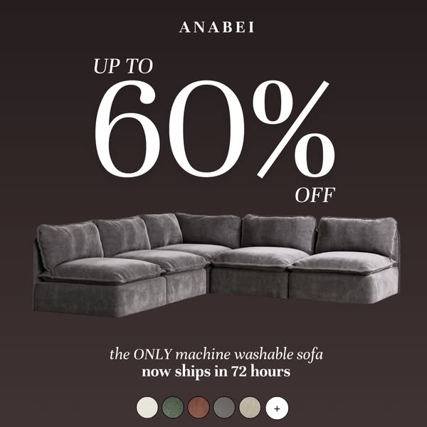 This image ad features a modular sofa with a discount offer of up to 60% off, highlighting its machine washable feature 