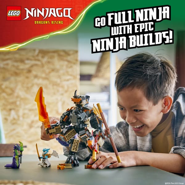 The ad shows a child smiling while playing with the LEGO Ninjago Dragons Rising set. The headline encourages viewers to 