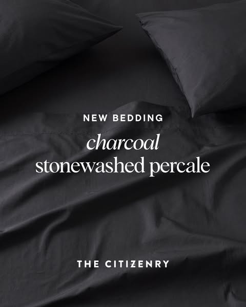 This image ad from The Citizenry features their new bedding collection of charcoal stonewashed percale sheets. The ad ai
