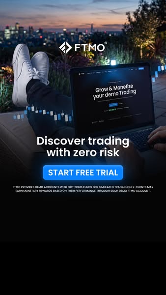 This image ad for FTMO promotes the platform's demo trading accounts, touting the ability to practice trading with z