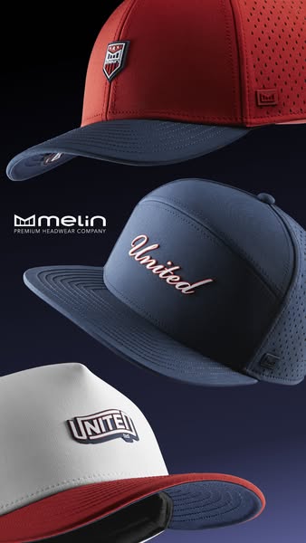 This image ad showcases Melin brand premium headwear, featuring three different styles of baseball caps, each with a uni