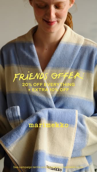 This image ad for Marimekko promotes a special 'Friends Offer' of 20% off everything plus an extra 10% off. The