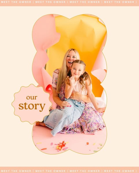 An image featuring a blonde-haired woman and fair-skinned child in front of a peach and yellow background with cutouts a
