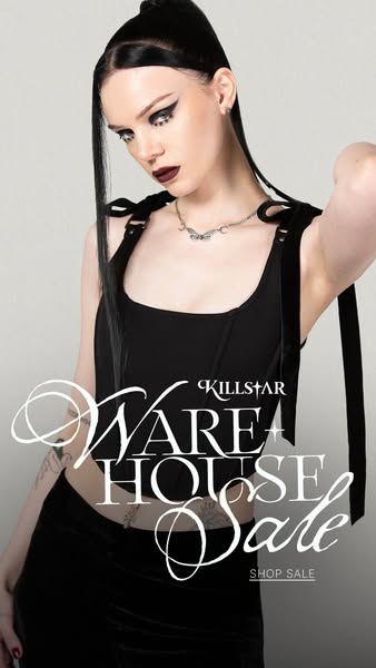 This ad for KILLSTAR features a model wearing a black top and promotes the brand's warehouse sale.