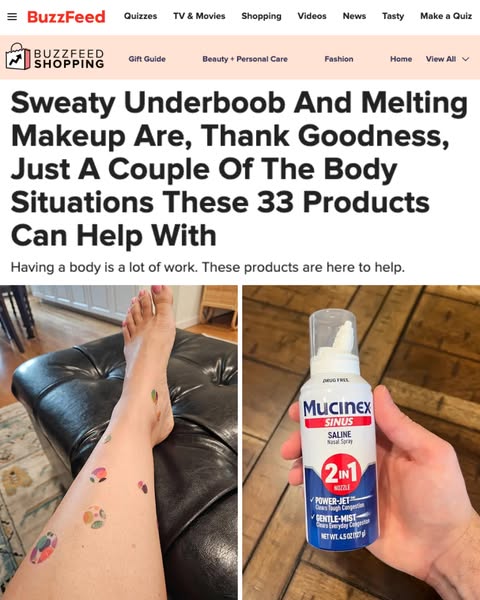 This ad shows 33 different products that can help with body situations, such as sweaty underboob and melting makeup. The