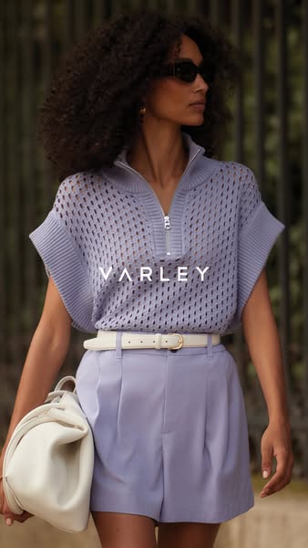 This ad showcases a matching knitted top and short set from the Varley brand. A model is pictured wearing the set. The b