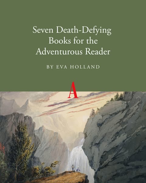 This image ad promotes a collection of seven books. It presents an outdoor scene with a landscape view, along with text 