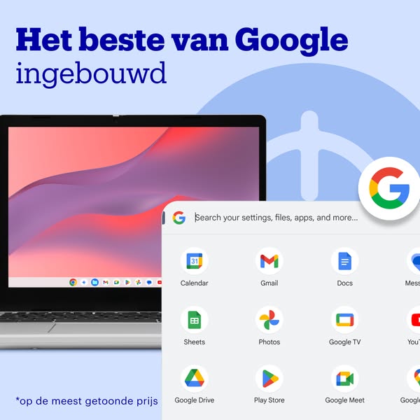 This ad promotes a Google Chromebook as having Google's best features built in. It highlights Google's various a