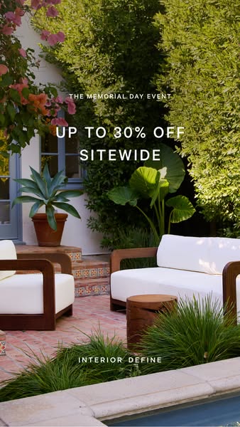 This image ad for Interior Define promotes a Memorial Day Event sale offering up to 30% off sitewide. The ad features ou