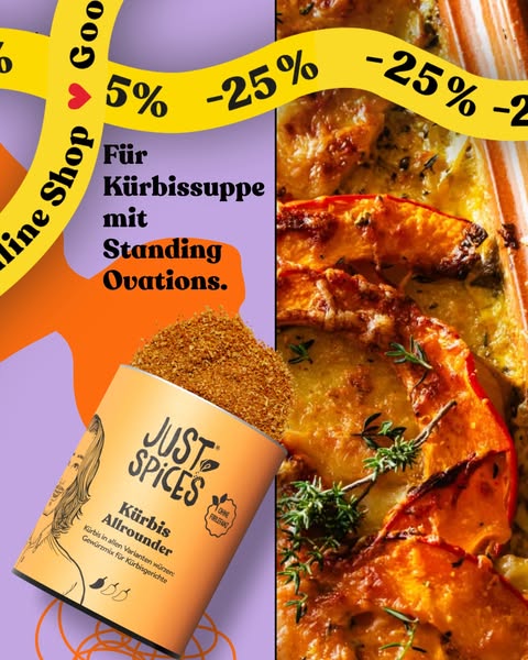 An image ad for JUST SPICES Kürbis Allrounder spice, advertising it as a seasoning for pumpkin soup. The ad shows the pr