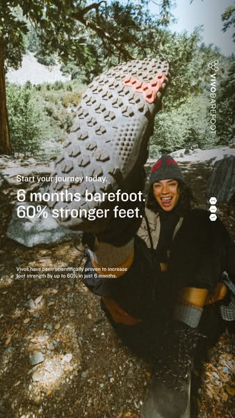 This image ad for VivoBarefoot shows a person in an outdoor environment, with the sole of a boot dominating the left sid