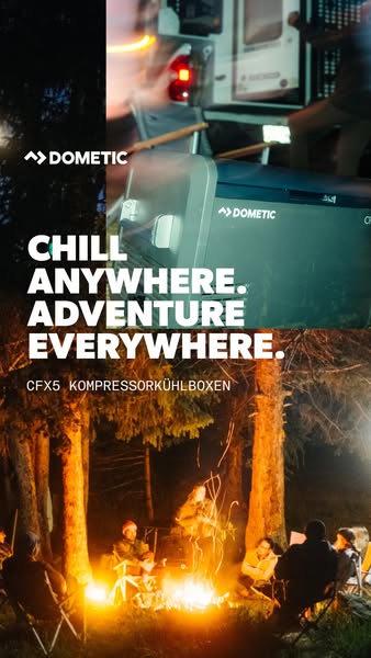 This image ad for Dometic features a split-screen design. The top half showcases the CFX5 compressor cooler in an outdoo