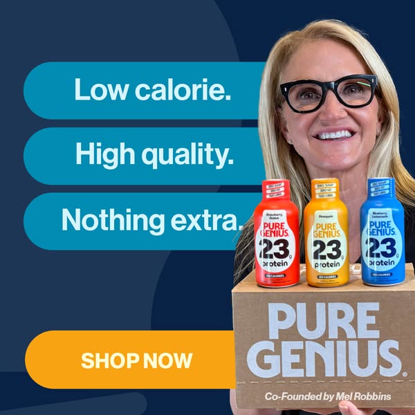 This image ad showcases Pure Genius protein shakes. It highlights the shakes' low calorie count, high quality, and m