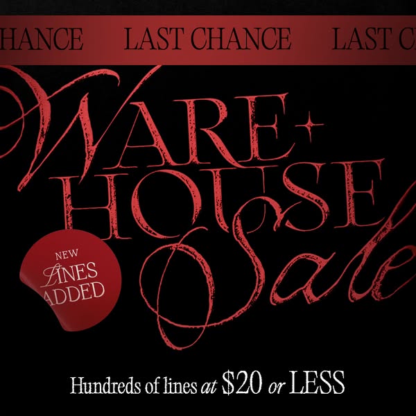 An image ad for a warehouse sale with hundreds of lines at $20 or less.