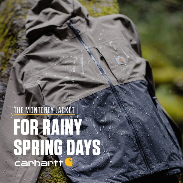 This ad showcases Carhartt's Monterey jacket, emphasizing its suitability for rainy spring days. The image features 