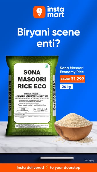 This ad for Instamart features a bag of Sona Masoori Economy Rice, emphasizing the brand's delivery service and affo