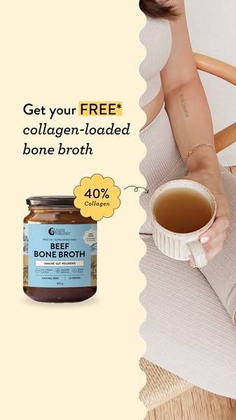 This ad promotes collagen-loaded bone broth. It features a minimalist aesthetic with a woman holding a cup of bone broth