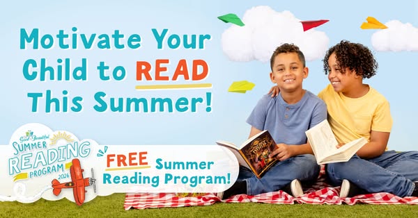 This image promotes a free summer reading program for children. The image contains two children and text that encourages