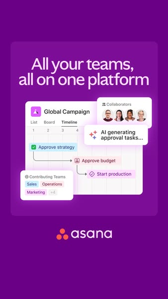 This ad for Asana highlights the platform's ability to bring all teams together on one platform. It showcases a proj