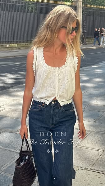 This ad showcases a single product, the Traveler Top, worn by a model in an outdoor urban setting. The focus is on the b