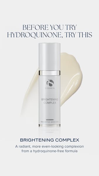 Image ad promoting iS Clinical's Brightening Complex as a hydroquinone-free alternative for achieving a radiant and 