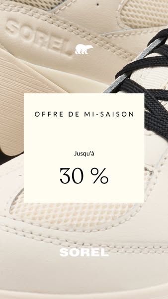 This Sorel ad showcases a close-up shot of one of their sneakers, highlighting a mid-season sale with a 30% discount.