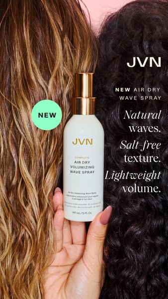 This image promotes JVN's Complete Air Dry Volumizing Wave Spray, highlighting its ability to create natural waves, 