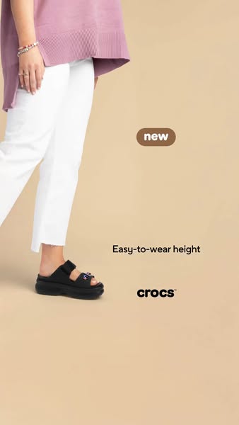 This ad promotes a new platform sandal from Crocs, emphasizing its style and ease of wear through a visual of the produc