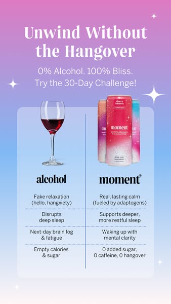 This ad compares the downsides of alcohol to the benefits of Moment drinks. The ad highlights the lack of negative side 