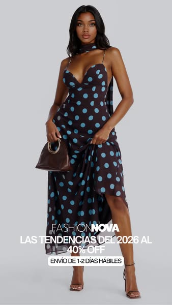 A Fashion Nova ad shows a woman wearing a brown polka dot dress with a matching scarf and carrying a brown purse with me