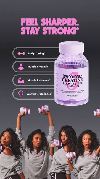 This ad promotes Lemme Creatine Body Toning Gummies, highlighting benefits such as body toning, muscle strength, muscle