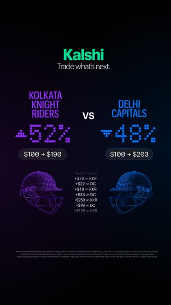 The ad compares the performance of Kolkata Knight Riders versus Delhi Capitals.