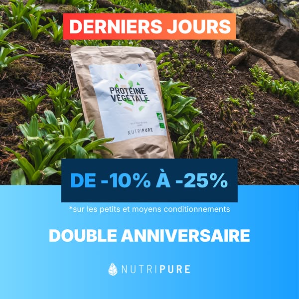 This ad promotes Nutripure's vegetable protein powder, highlighting a limited-time discount of 10% to 25% off in cel