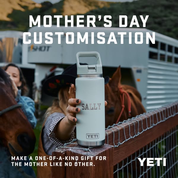 This Meta image ad for YETI promotes their customisation services for Mother's Day. It features a YETI bottle held b