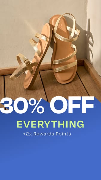 The ad is for a shoe brand and highlights a promotion of 30% off everything and 2x rewards points.